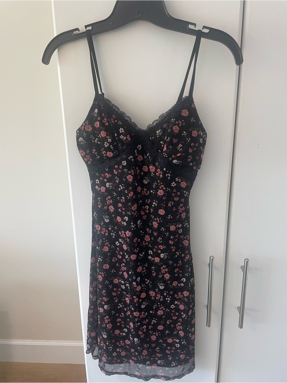 No Boundaries Black Slip Dress with Pink Floral Pattern